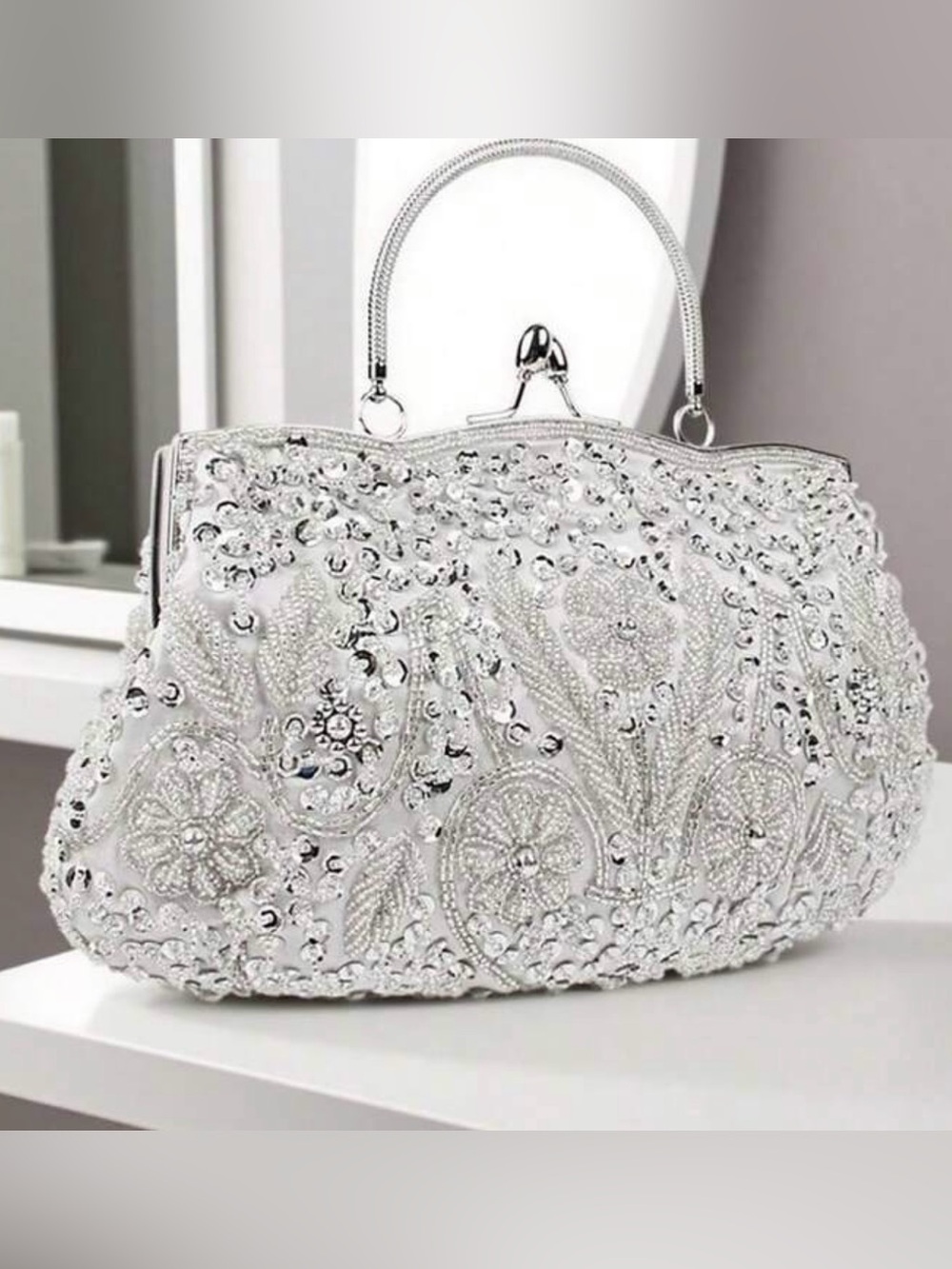 Silver beaded clutch prom wedding bag - Picture 2 of 7